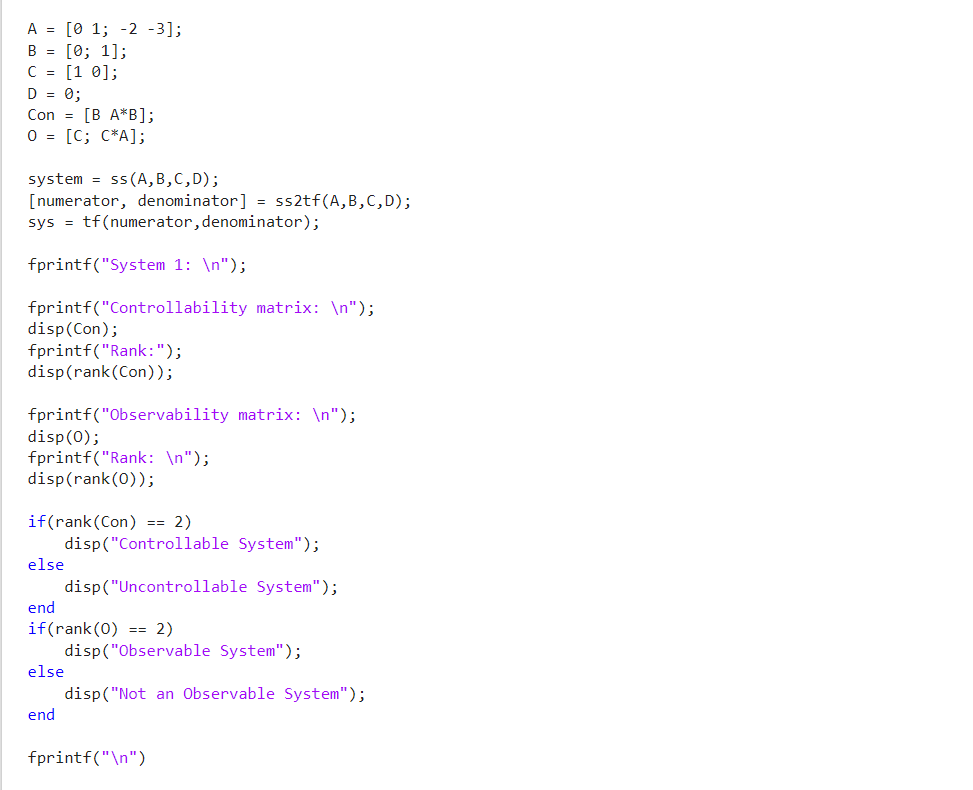 Click to enlarge Figure 1: MATLAB code for state space model, controllability, and observability analysis