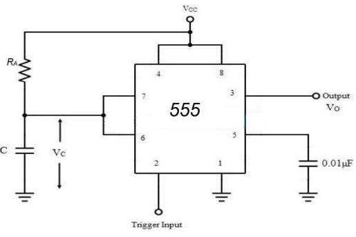 Click to enlarge Monostable multivibrator circuit using 555 IC (R = 10 kΩ, C = 0.1 µF)