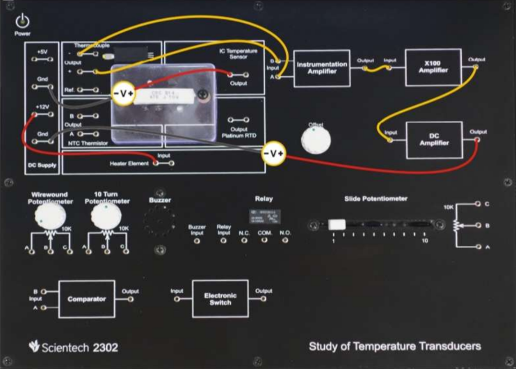 Click to enlarge K-type thermocouple setup showing the Scientech 2302 experimental kit