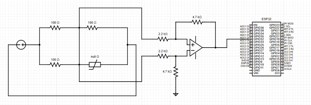 Click to enlarge Circuit diagram showing the RTD Wheatstone bridge, differential amplifier, and ESP32 with LCD display via I2C.